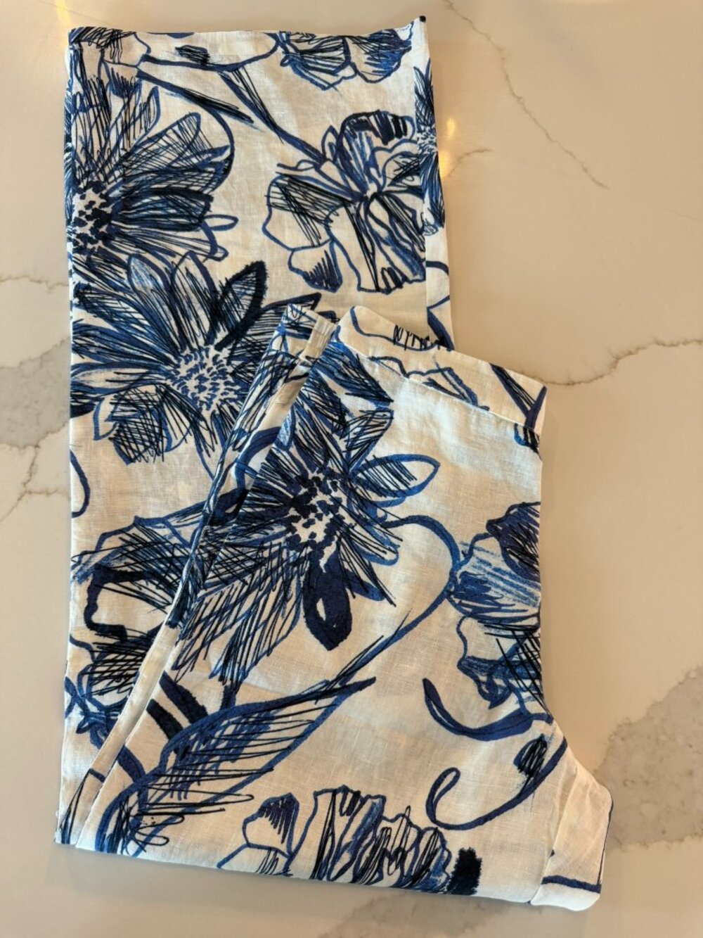 NWOT 120% LINO LINEN WIDE LEG PANTS BLUE & WHITE FLORAL INK SOFT FADE M/44
